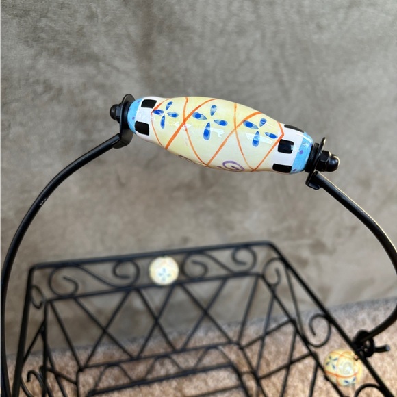 Vintage Black Metal Wire Basket Porcelain Handle and Accents Mackenzie Childs - Picture 2 of 16